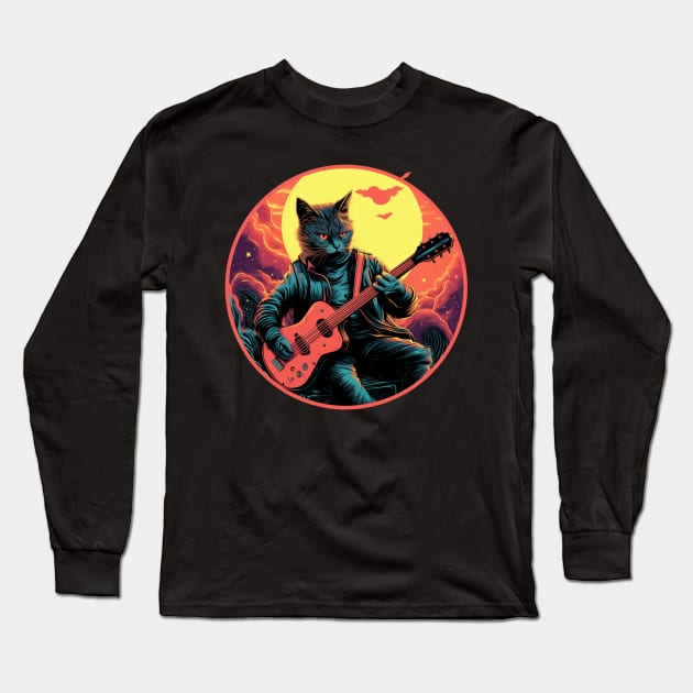 Cat Playing Guitar Funny Cat With Guitar Cute Cat Guitar Long Sleeve T-Shirt by OscarVanHendrix